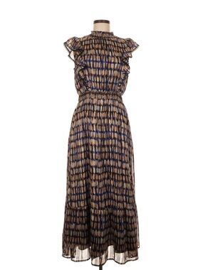 Lost + Wander Navy and Tan Printed Ruffle Maxi Dress